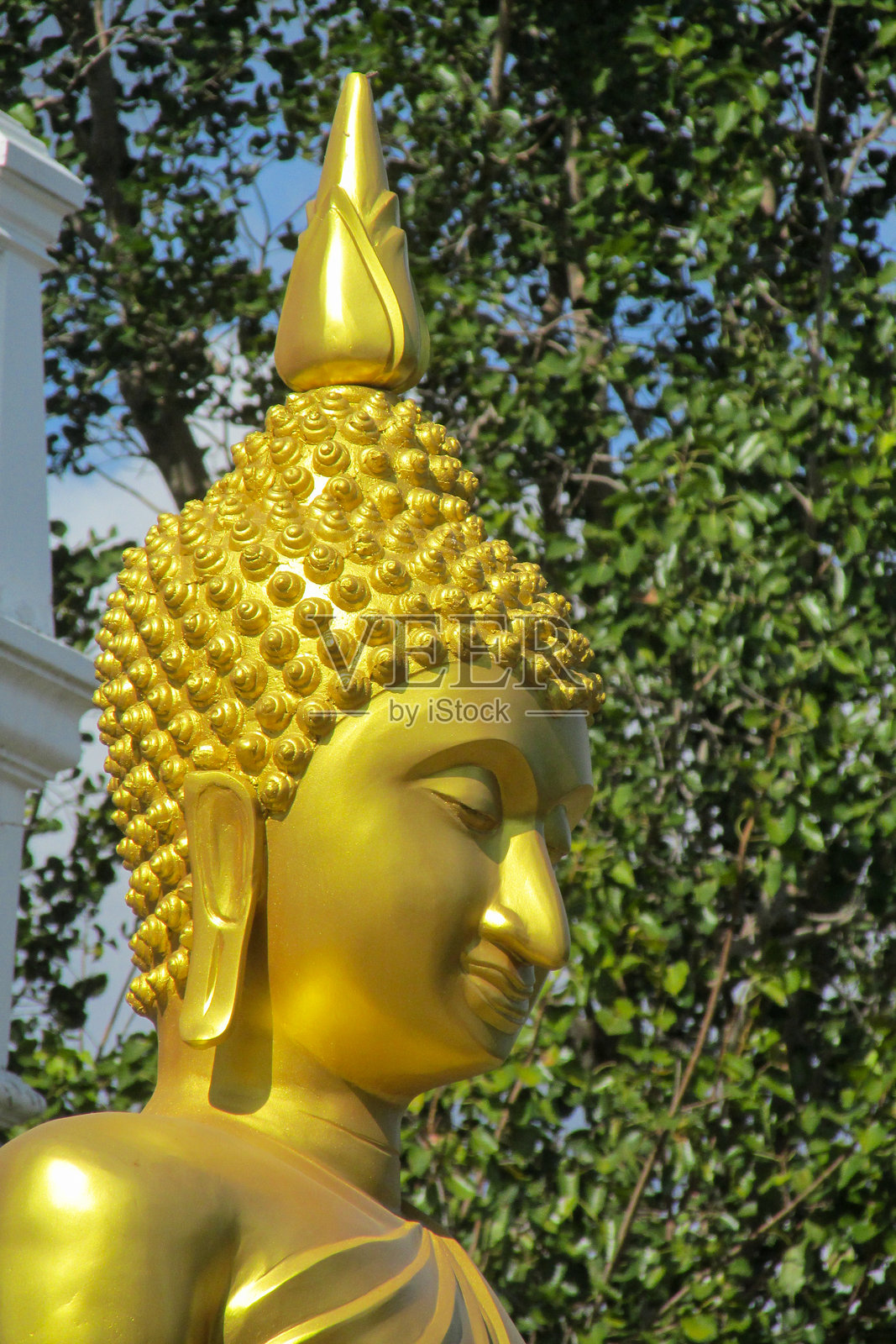 泰国寺庙内的佛像，具有传统的佛教设计、金色表面和建筑细节照片摄影图片