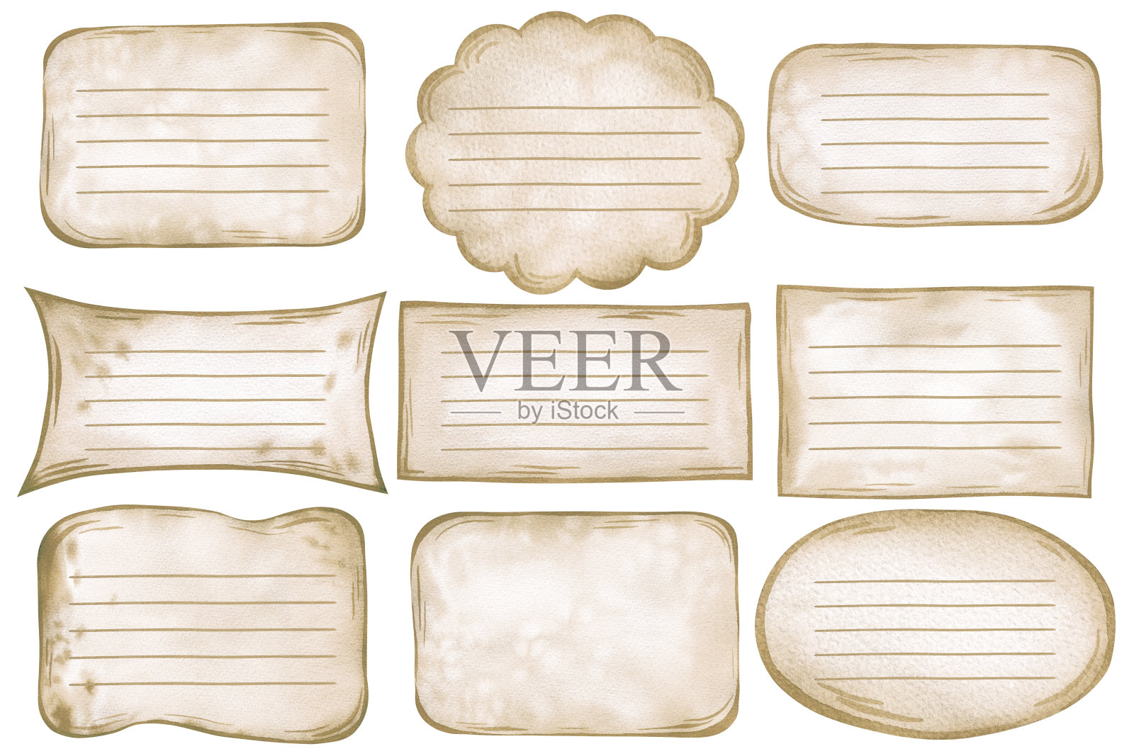 带空白行供手写的标签套装。自制果酱的罐子贴纸，笔记本贴纸，水彩手绘。孤立的设计元素。带空白文本空间的标牌。插画图片素材