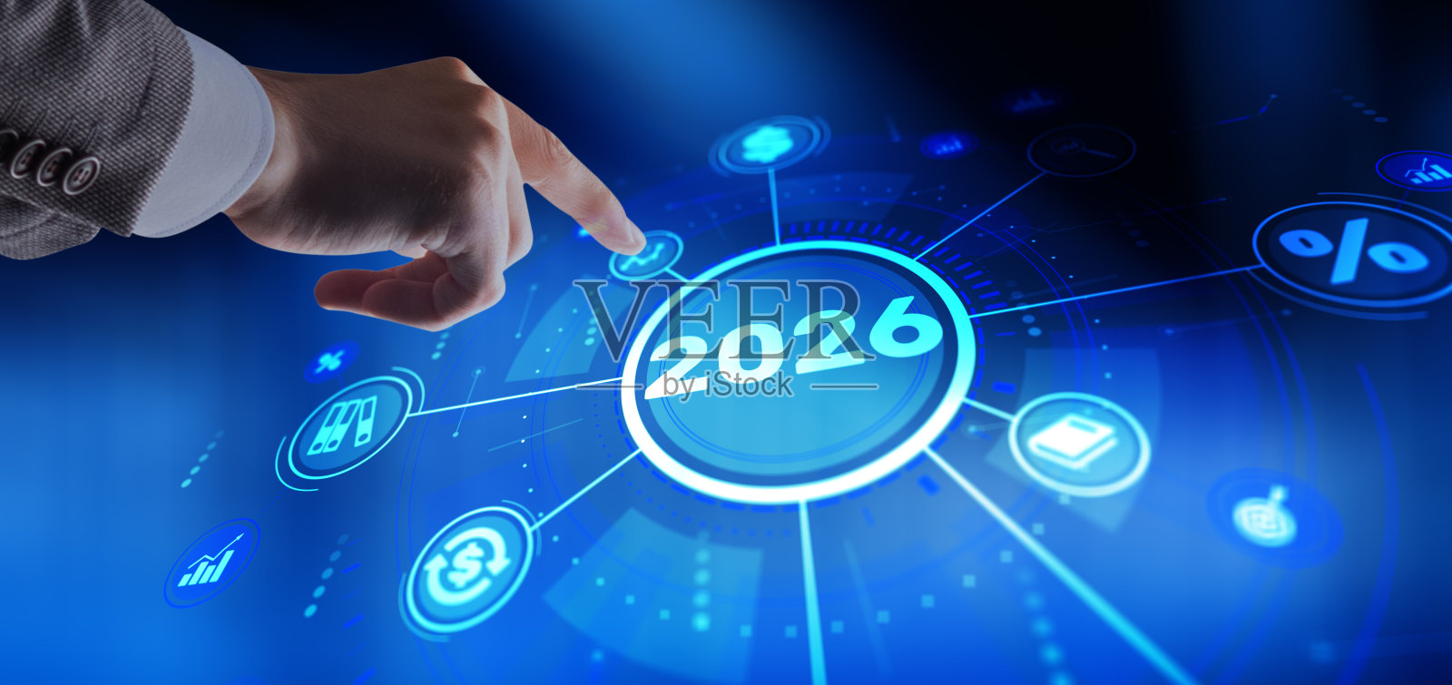 2026年增长概念的未来主义抽象背景，带有剪影和上升趋势图照片摄影图片