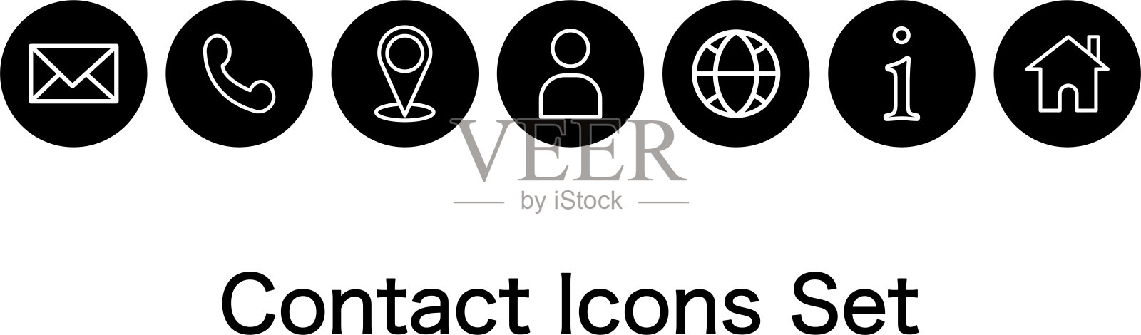 一套简洁的联系图标集，包含电子邮件、电话、定位图钉、用户资料、地球、信息和主页等基本沟通和导航符号。插画图片素材