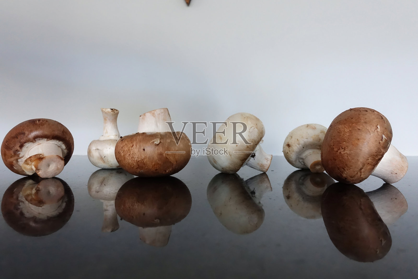 新鲜的蘑菇，双孢蘑菇，放在厨房光滑的台面上。褐菇照片摄影图片