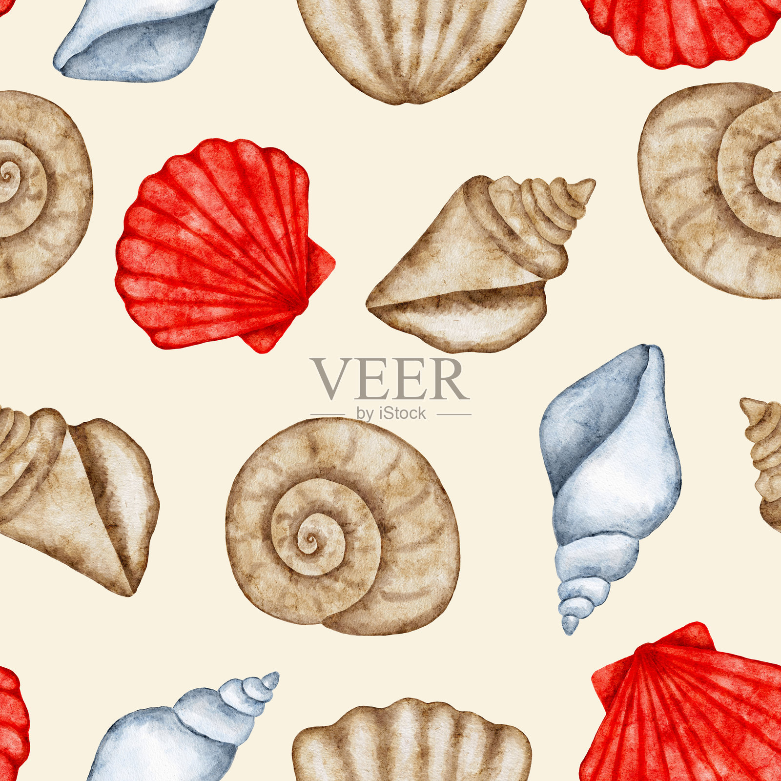 手绘水彩贝壳图案，带有红色、蓝色和棕色贝壳，背景为奶油色，构成装饰性的海洋主题设计插画图片素材