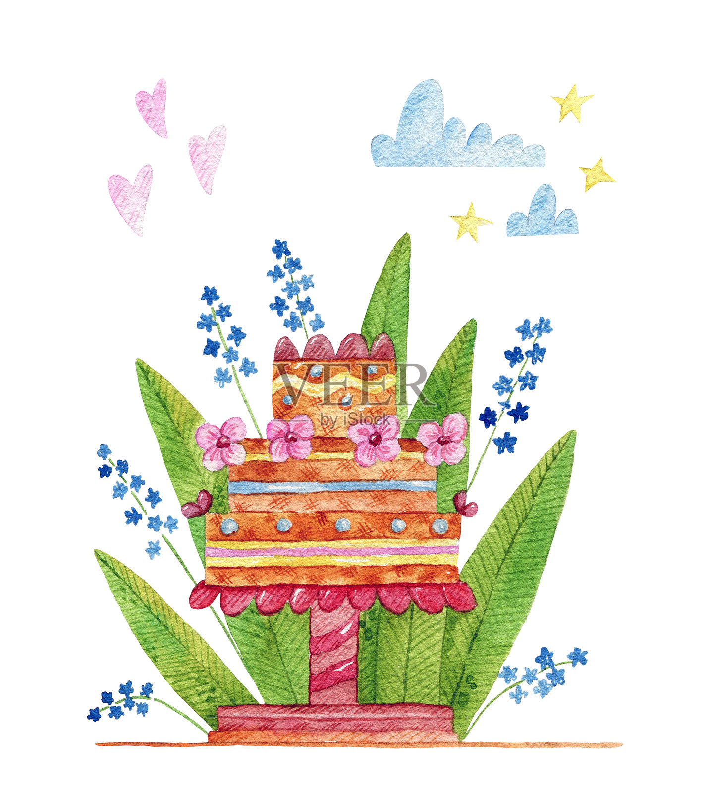 手绘可爱水彩插画，描绘了一个装有节日蛋糕的盆栽，上面装饰有花朵、叶子和树枝。背景为白色，孤立展示。插画图片素材