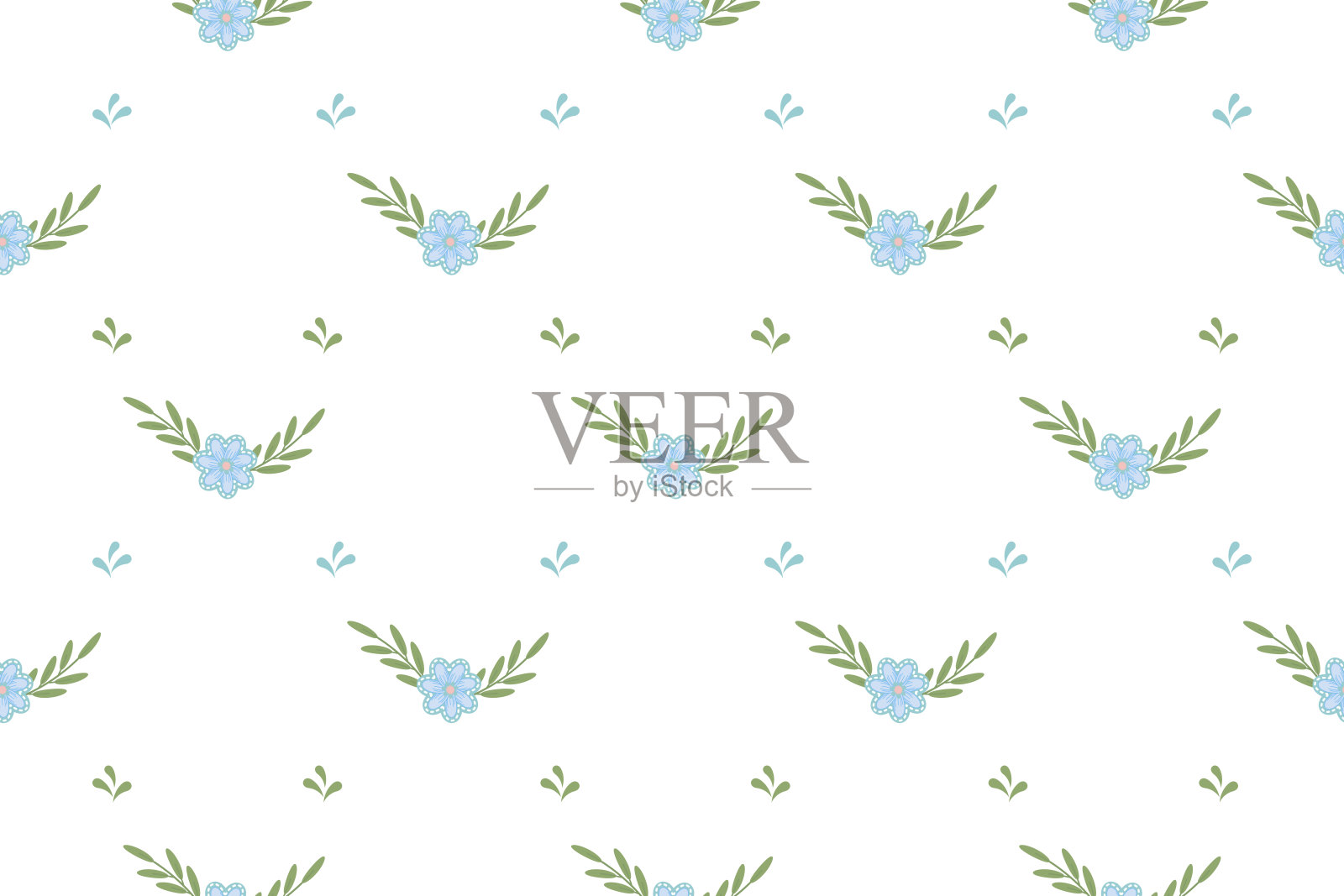 蓝色的花朵和绿色的树枝组成的无缝图案插画图片素材