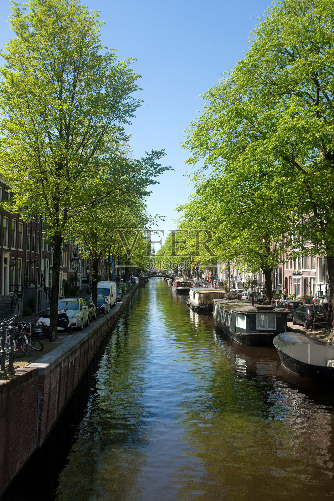 阿姆斯特丹美丽的城市景观，一条长长的运河两旁绿树成荫，传统船只停靠在水边。照片摄影图片