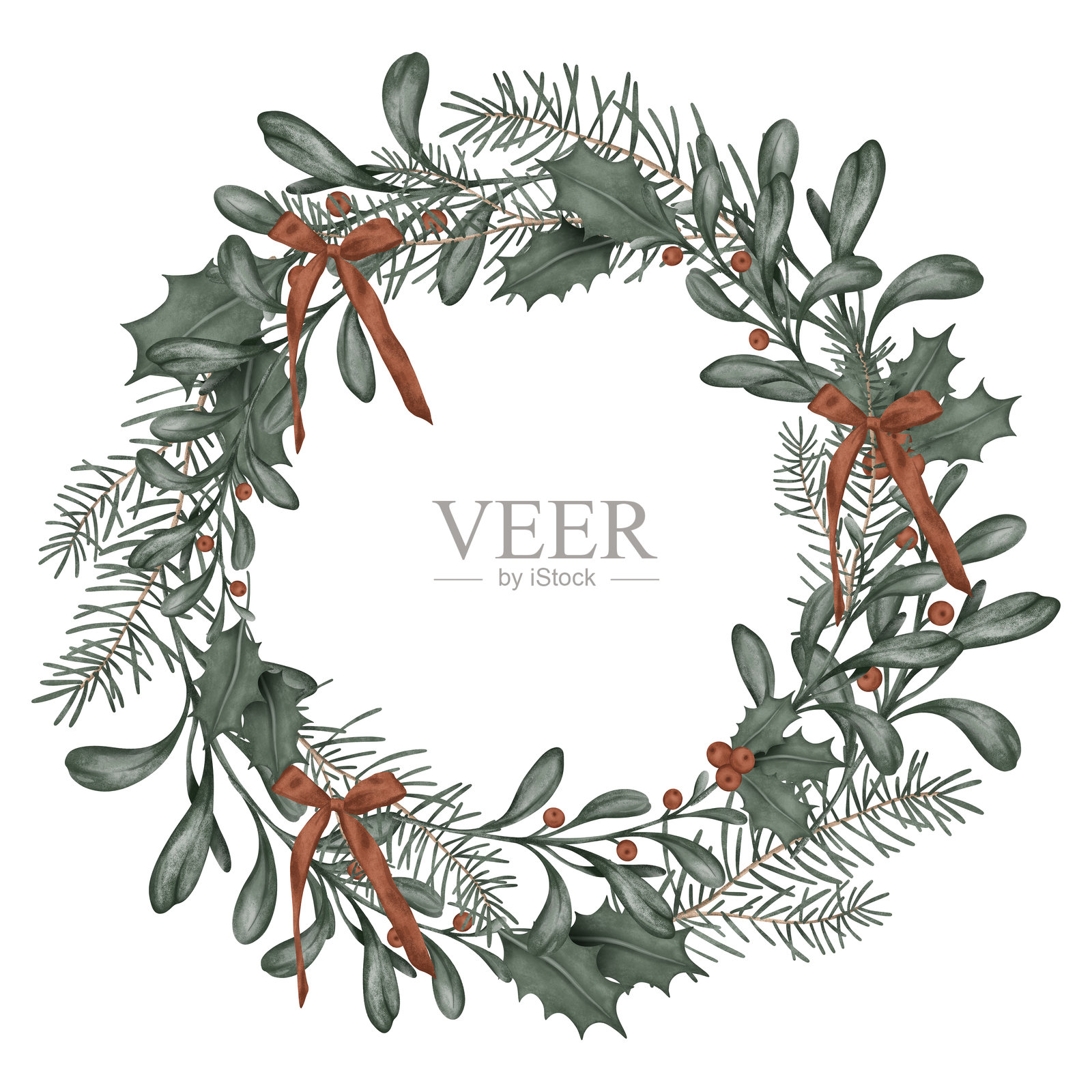 水彩圣诞或新年花环，带有松枝和文字空间。用于贺卡和邀请函的插图，带有蝴蝶结。松枝和冬青红浆果。插画图片素材