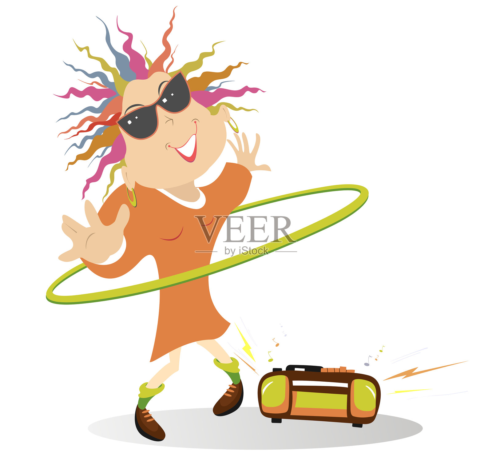 快乐的年轻女子随着音乐转动呼啦圈插画图片素材