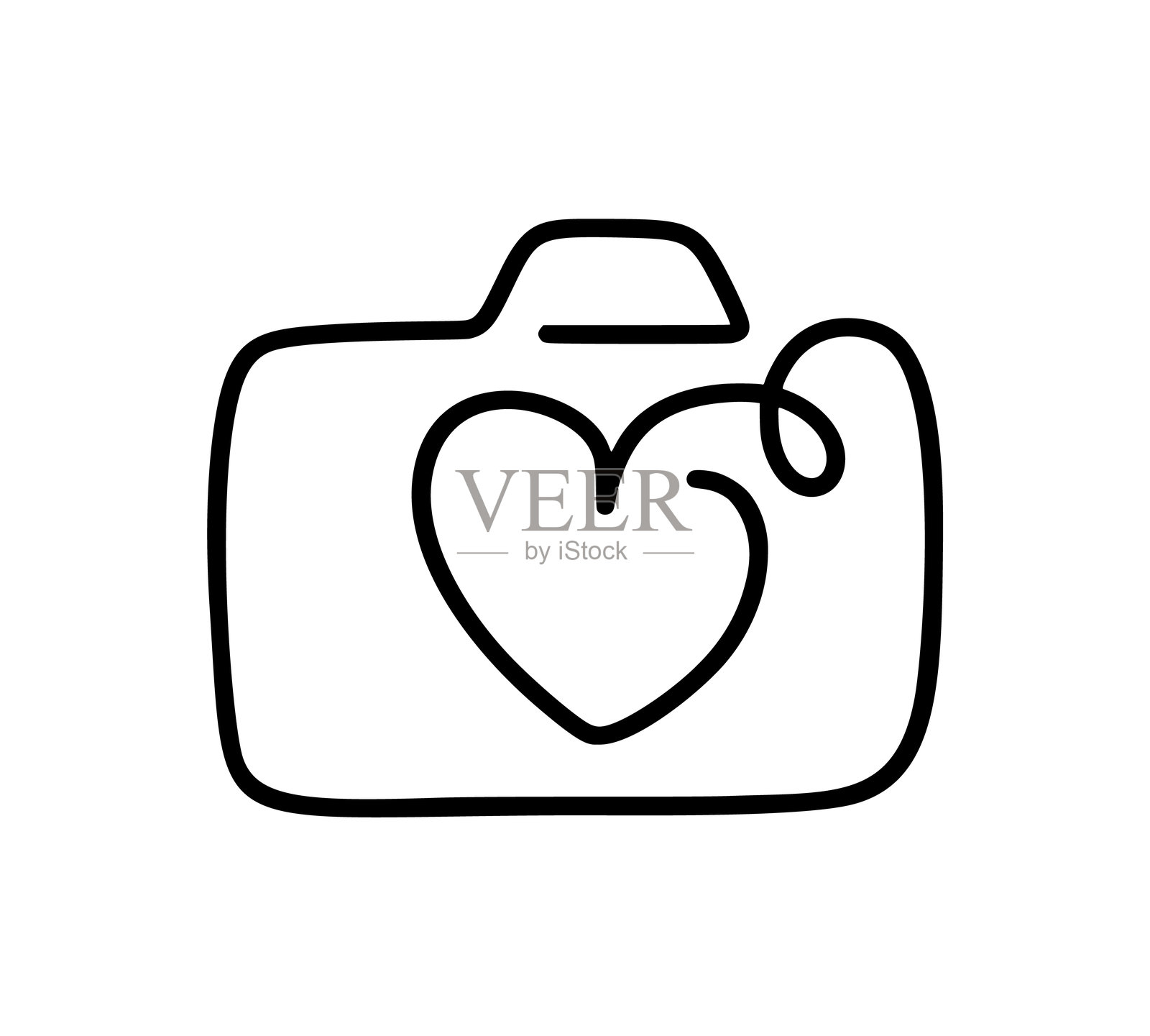 相机矢量线描图标，用连续的线条勾勒出心形，表达对记忆摄影艺术的热爱和激情，标志插画图片素材