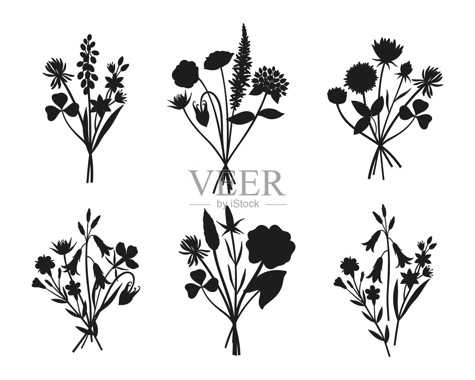 野花黑色剪影花束套装，矢量插画插画图片素材