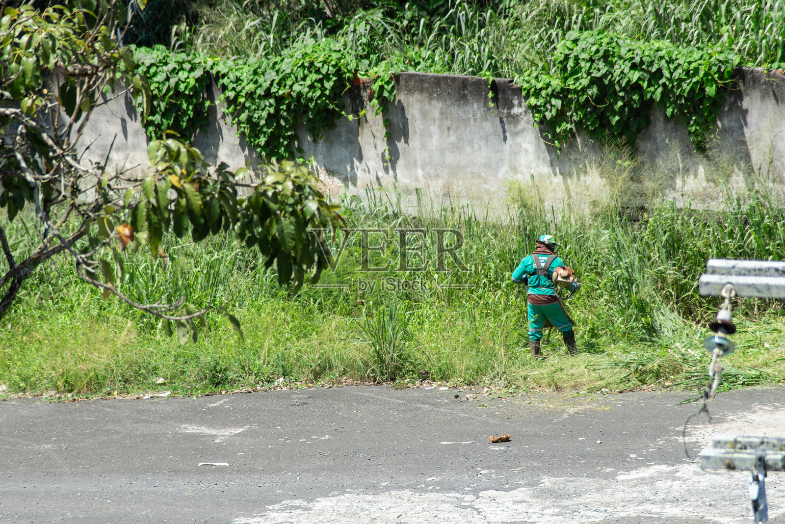 巴西巴伊亚州萨尔瓦多市圣雷蒙多停车场的一名市政厅员工正在修剪草坪。照片摄影图片