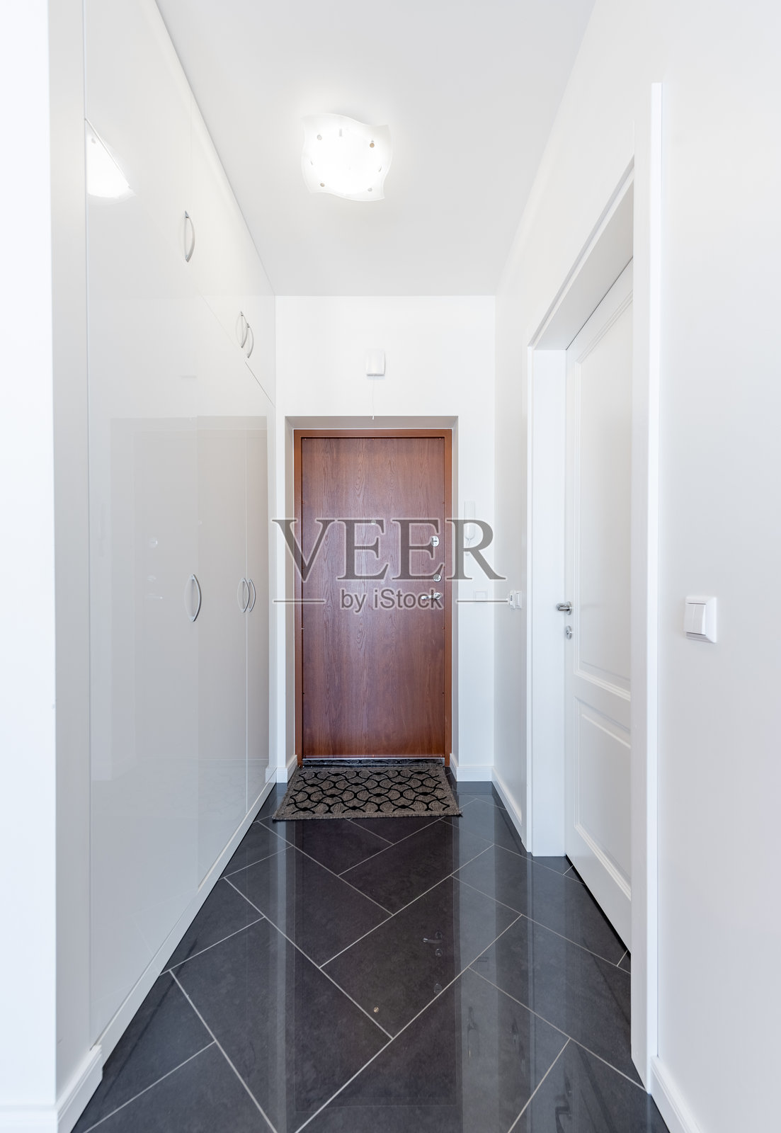 现代门厅，配有棕色木门和光泽瓷砖地板照片摄影图片