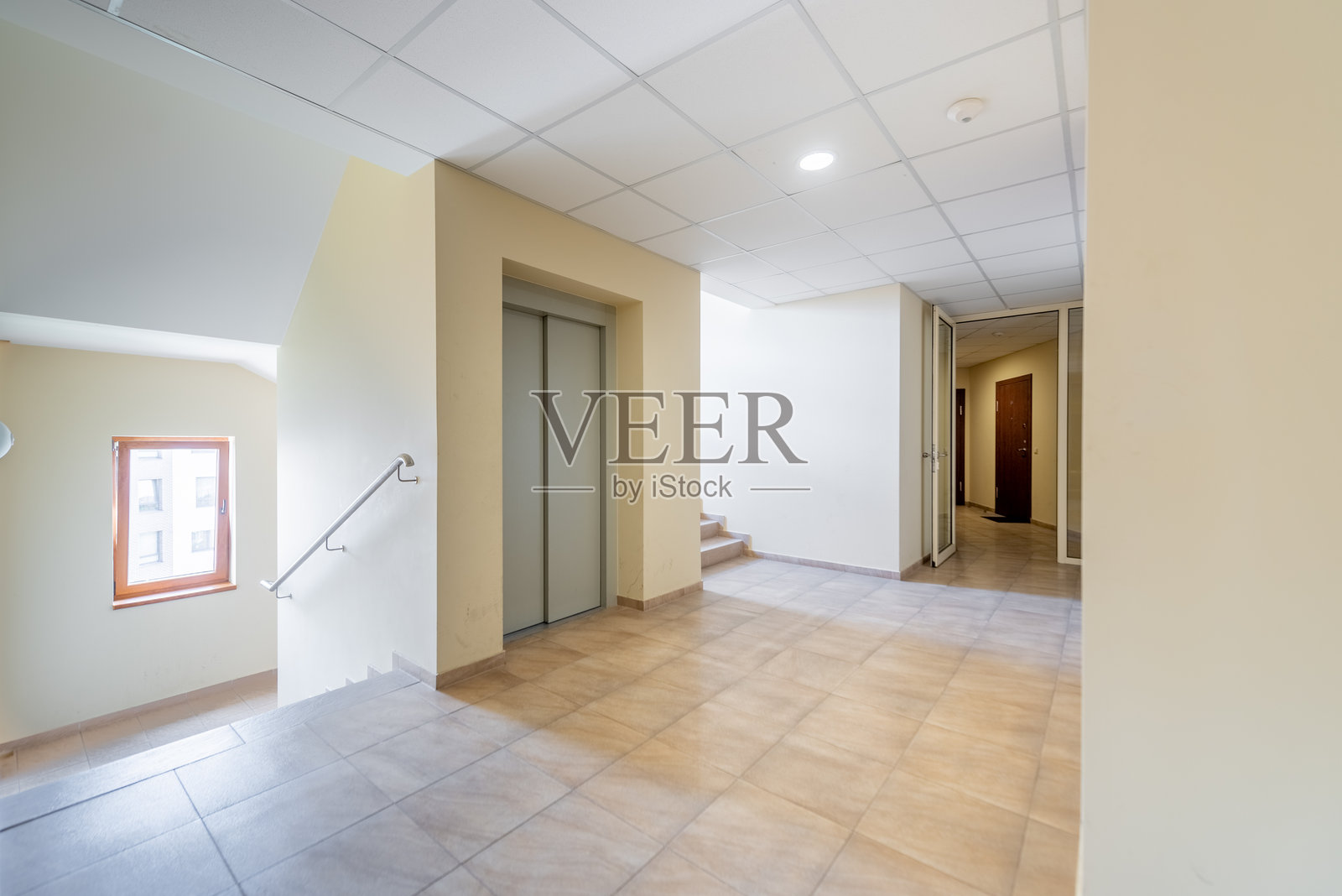 带有楼梯、电梯和自然采光的现代化公寓走廊照片摄影图片