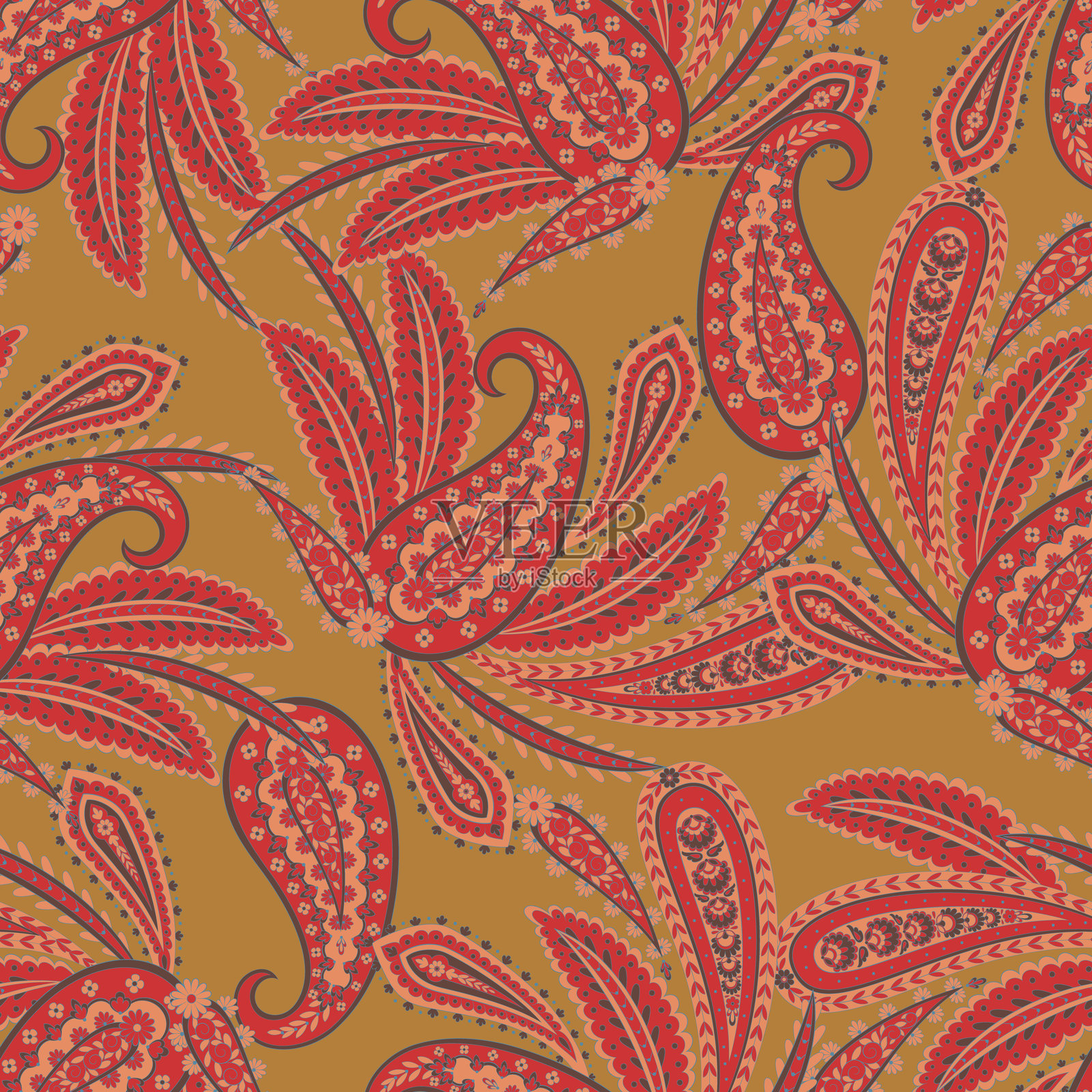 佩斯利风格矢量无缝图案。奇妙的花朵、叶子。波西米亚风纺织品印花。蜡染画。插画图片素材