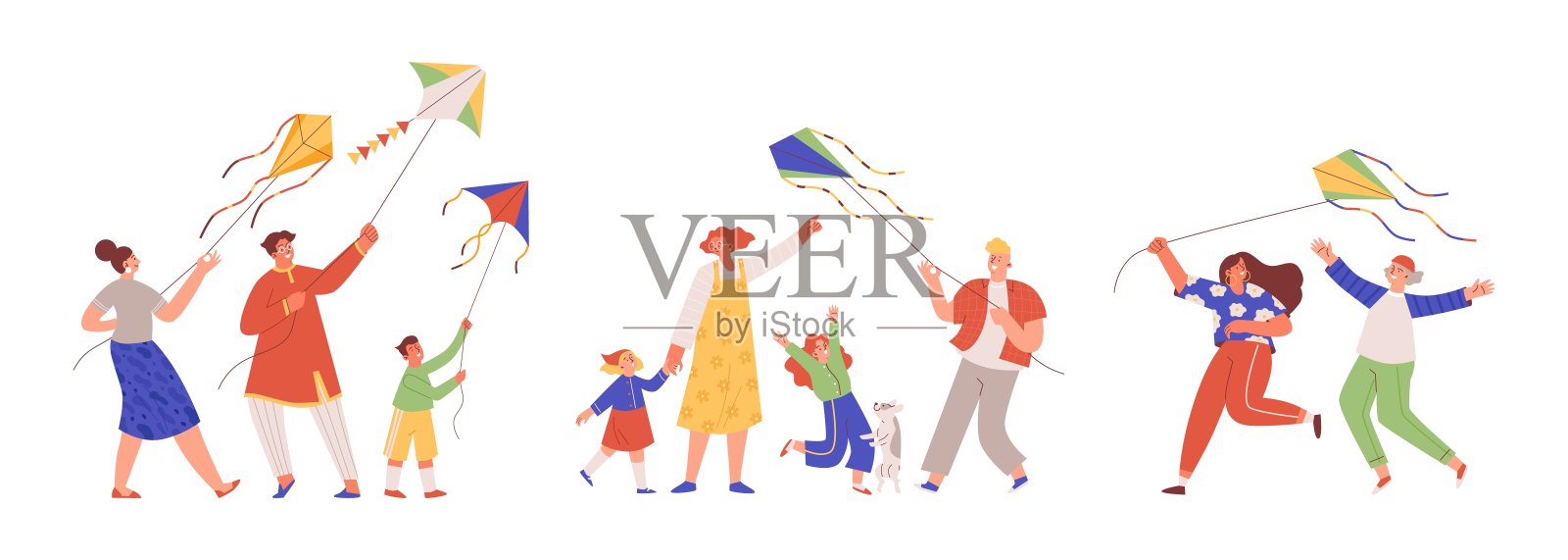 一家人与孩子们以及情侣们在玩风筝，扁平化矢量图，孤立。插画图片素材