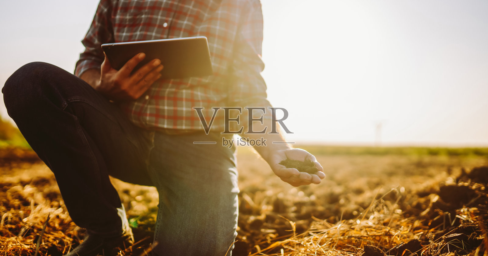 一位经验丰富的农民带着剪贴板在播种前检查土壤质量。照片摄影图片