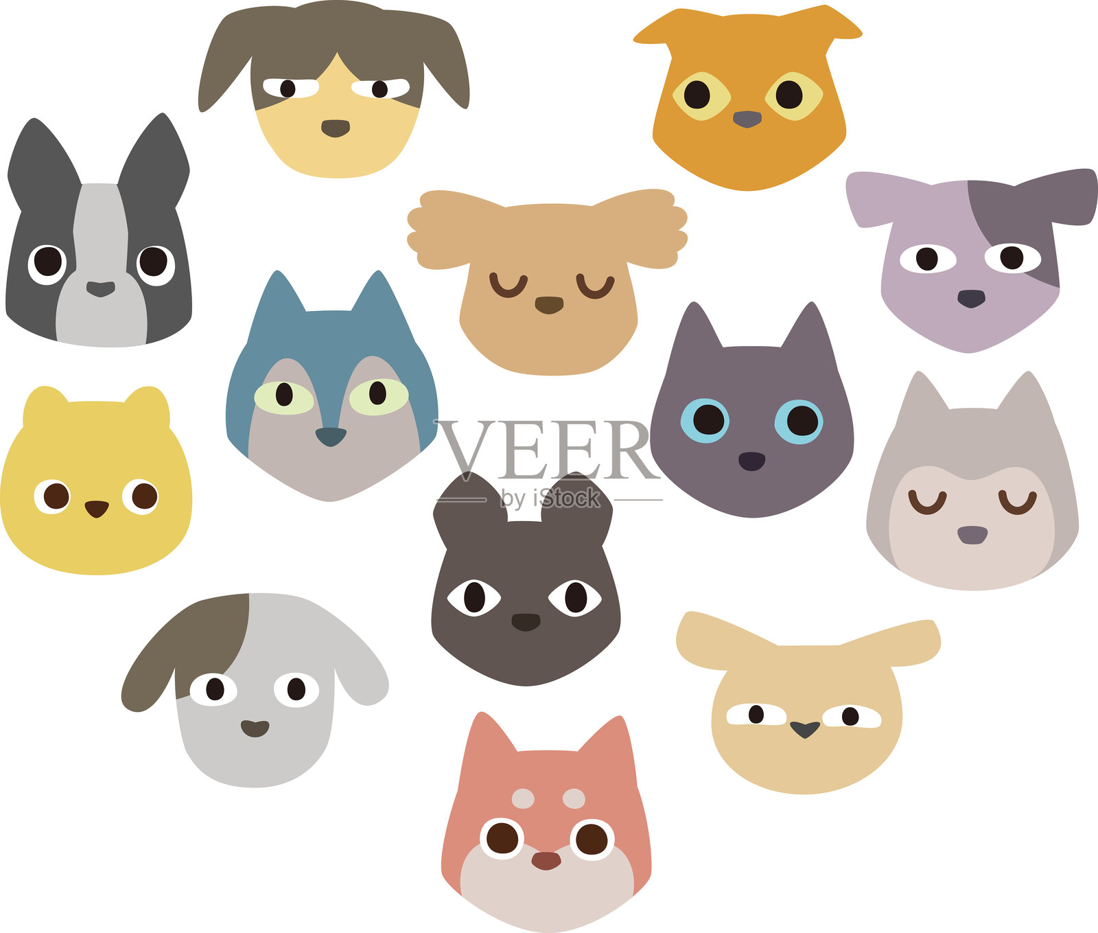 各种可爱狗狗的脸部插画，组成心形图案插画图片素材
