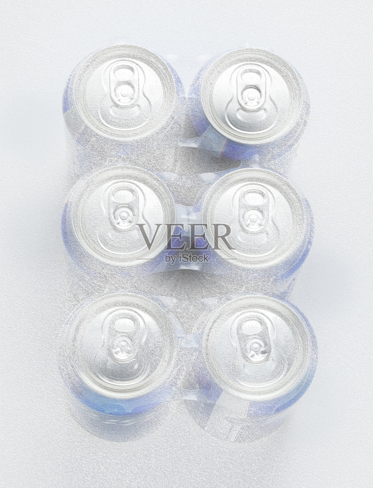 白色背景下铝罐六连包装的极简俯视图照片摄影图片