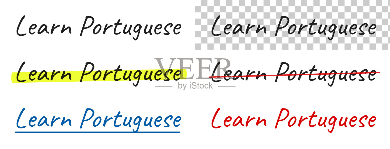 学习葡萄牙语 - 手写文字，已高亮、划掉、下划线，背景空白插画图片素材