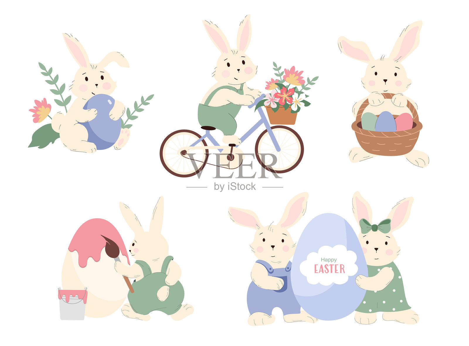 复活节兔子收集装饰彩蛋、春天的花朵和自行车插画图片素材