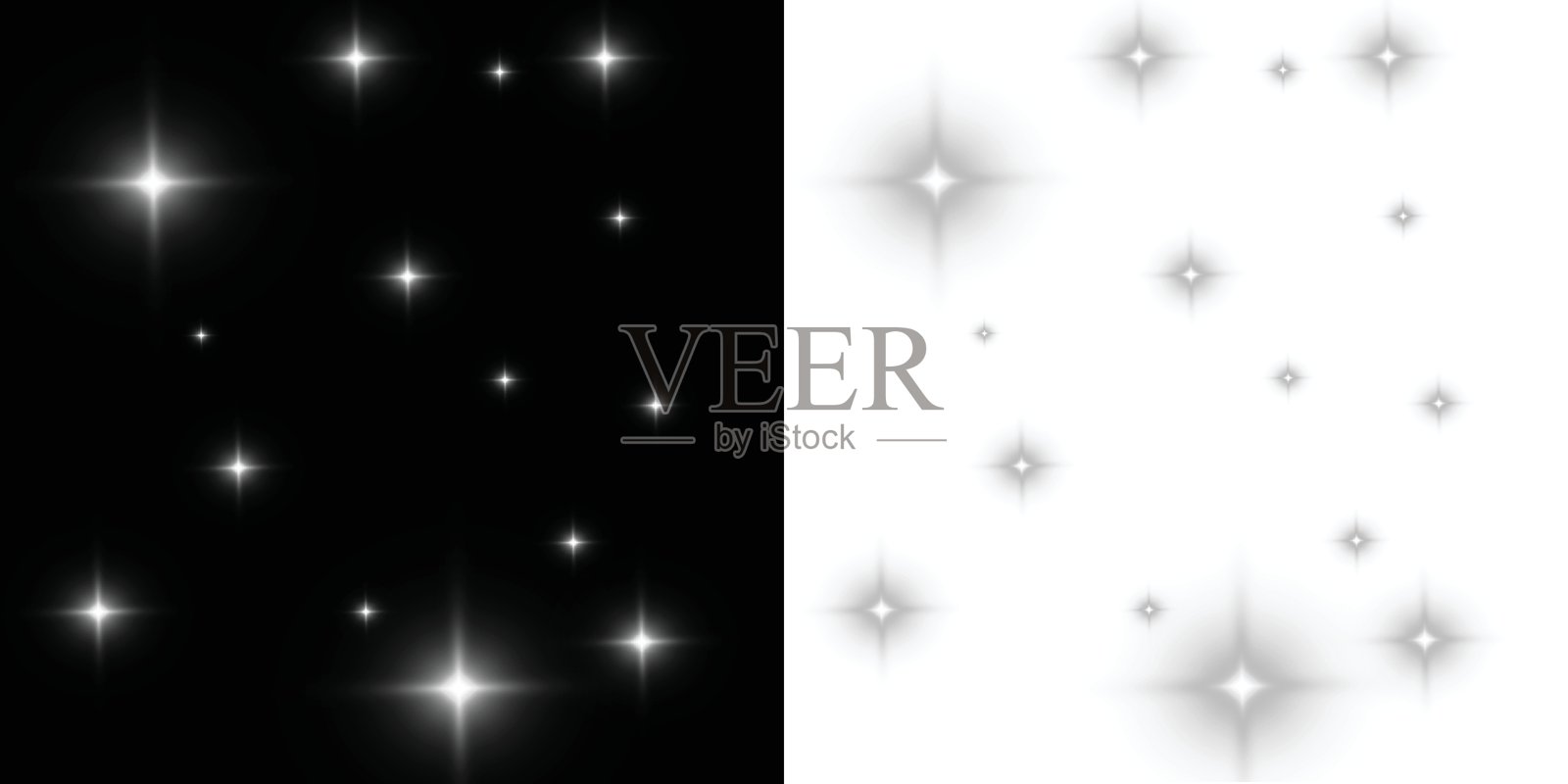 闪耀的白色星星在透明背景上散落着光晕和散景，PNG格式。插画图片素材