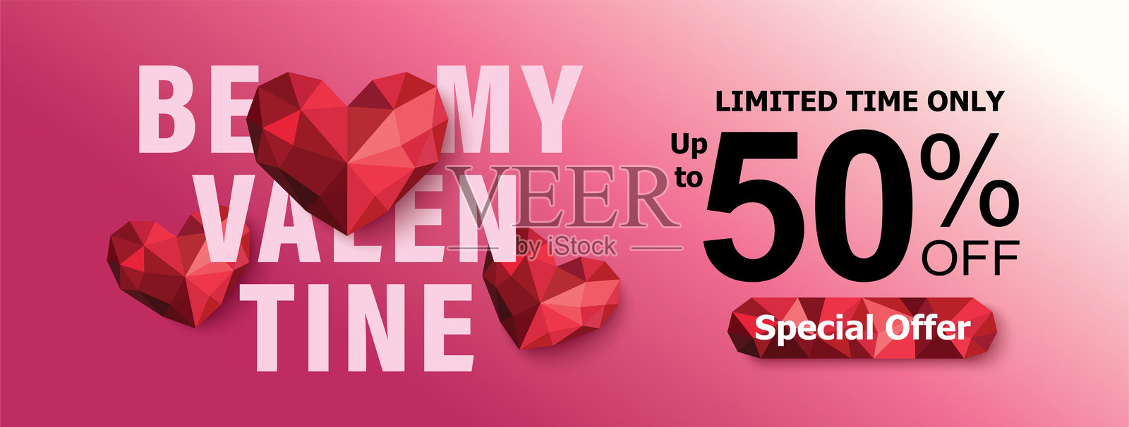 粉色背景上手写的浪漫情人节快乐艺术字，2月14日情人节促销横幅设计模板插画图片素材