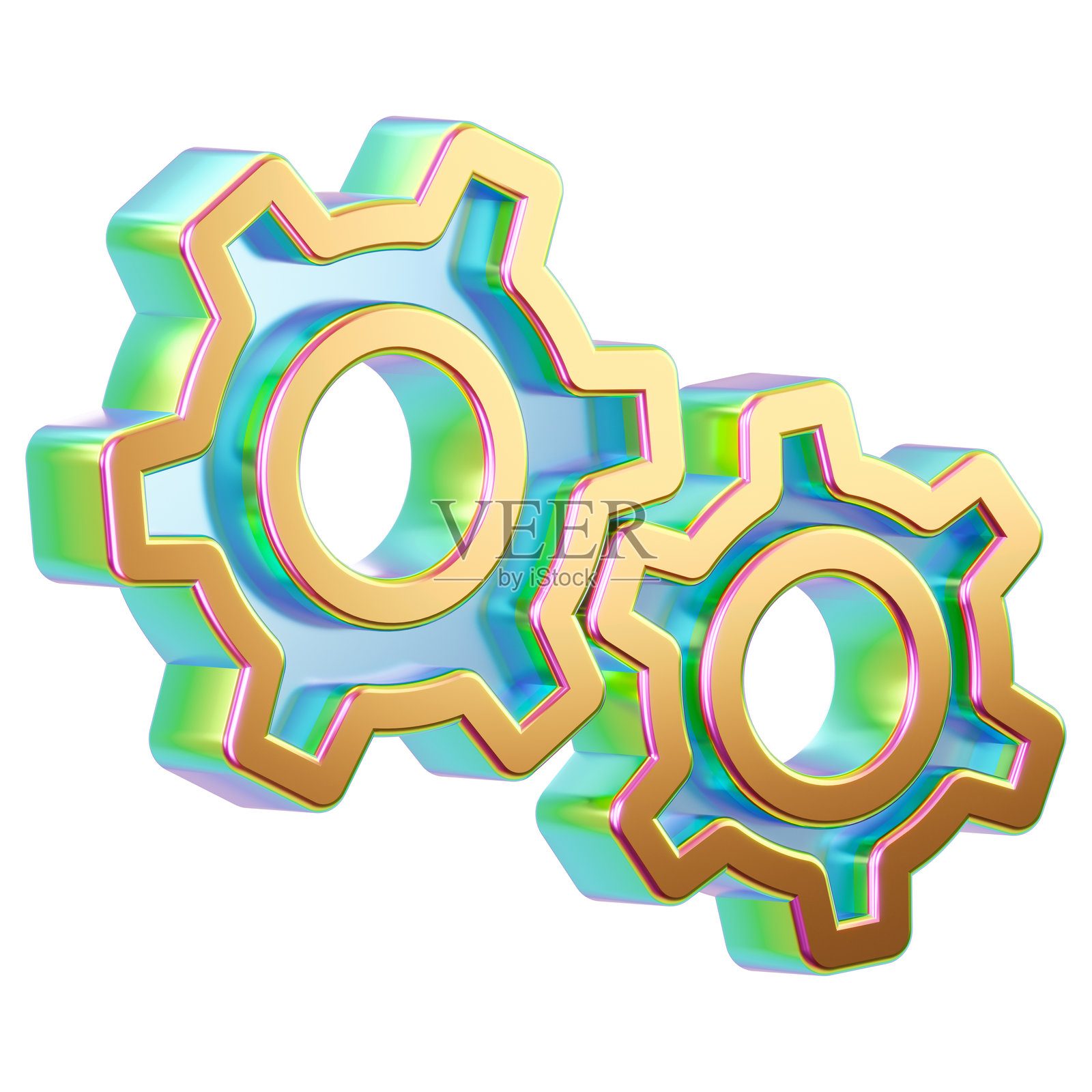 闪耀的虹彩玻璃齿轮：象征创新、工程和协作的光鲜科技图标照片摄影图片