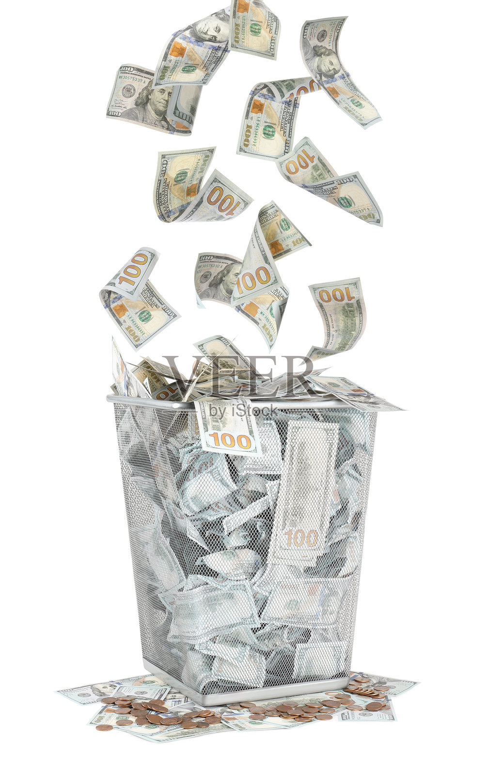 钱掉进垃圾桶，白色背景照片摄影图片