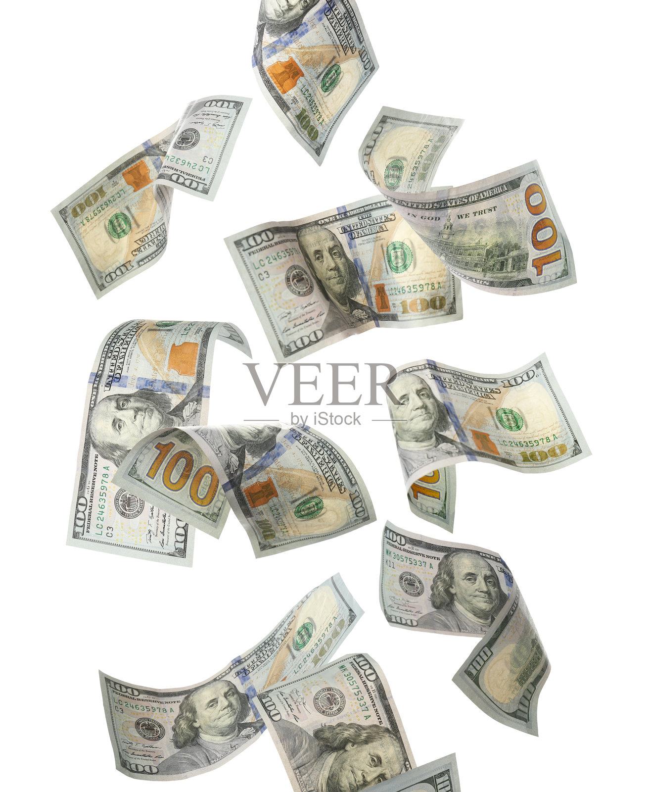 美元钞票在白色背景上掉落照片摄影图片