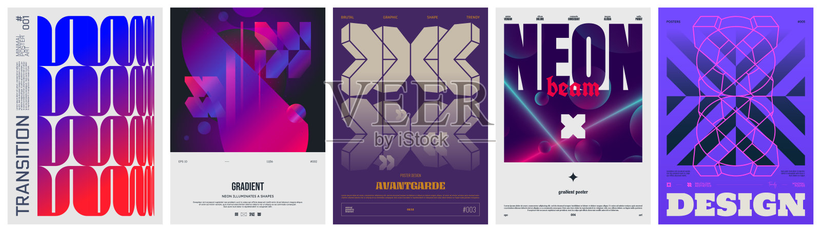 一套现代艺术多彩潮流海报，Y2K美学风格的抽象几何A4构图，矢量简约图形，用于电子音乐派对的印刷艺术品，融合了现代主义和极简粗野主义风格，集合8插画图片素材