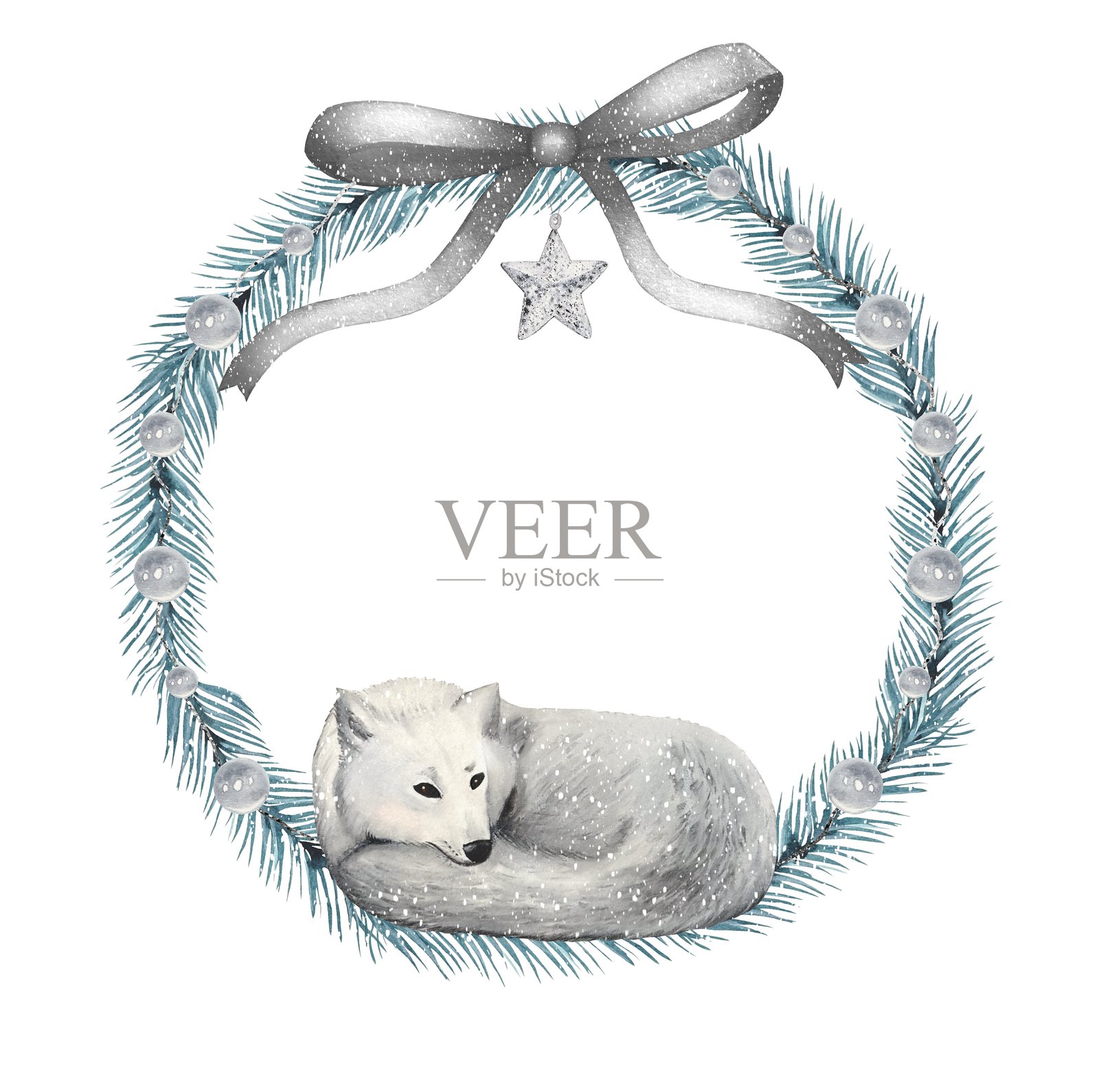 手绘北极白狼花环插画图片素材