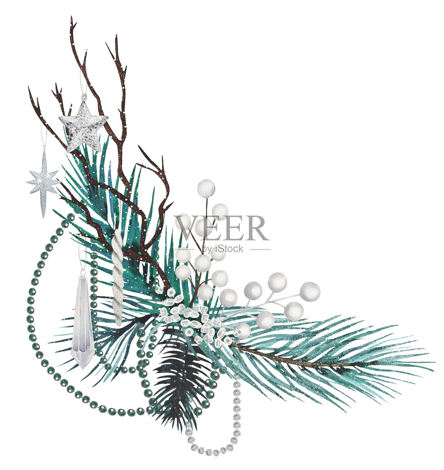 银星装饰的松枝手绘冬日花束插画图片素材