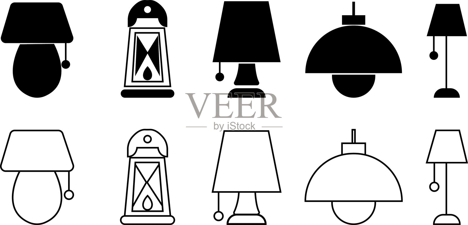 灯具剪影图标集，现代室内灯具的平面设计矢量图，包括吊灯，用于室内设计和家居装饰，多种风格，透明背景插画图片素材