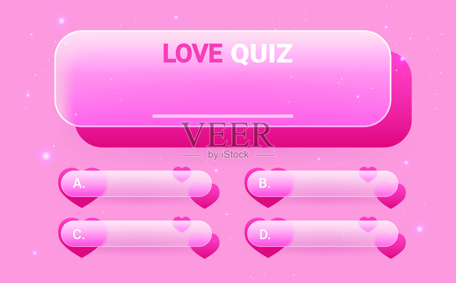 情人节玻璃拟态测验游戏菜单模板，粉色背景。爱心回答与问题矢量插画插画图片素材