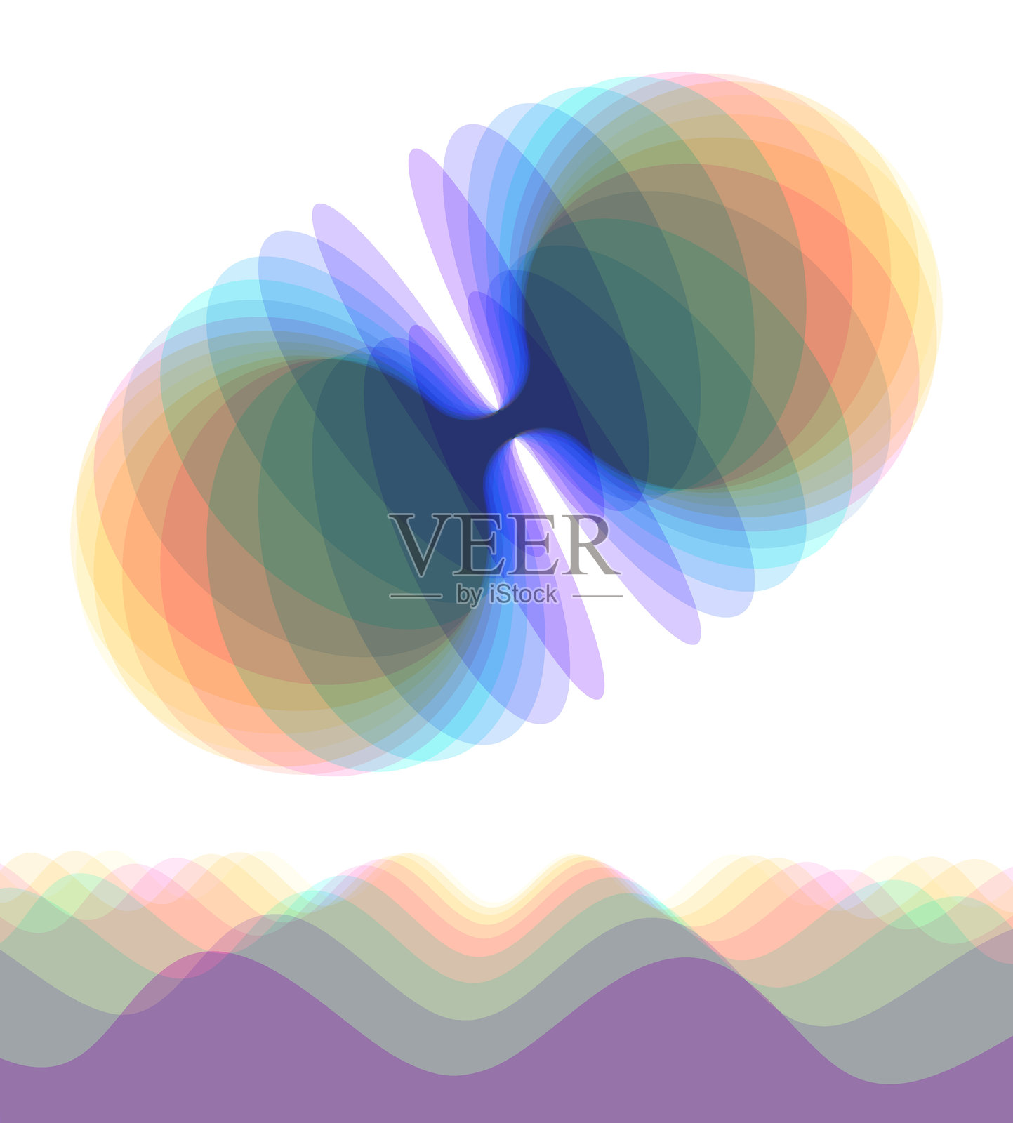 抽象海景。海面有波浪。太空信号或爆炸传播的可视化。不同重叠元素的几何设计。用于横幅、卡片、封面或传单的矢量图。插画图片素材