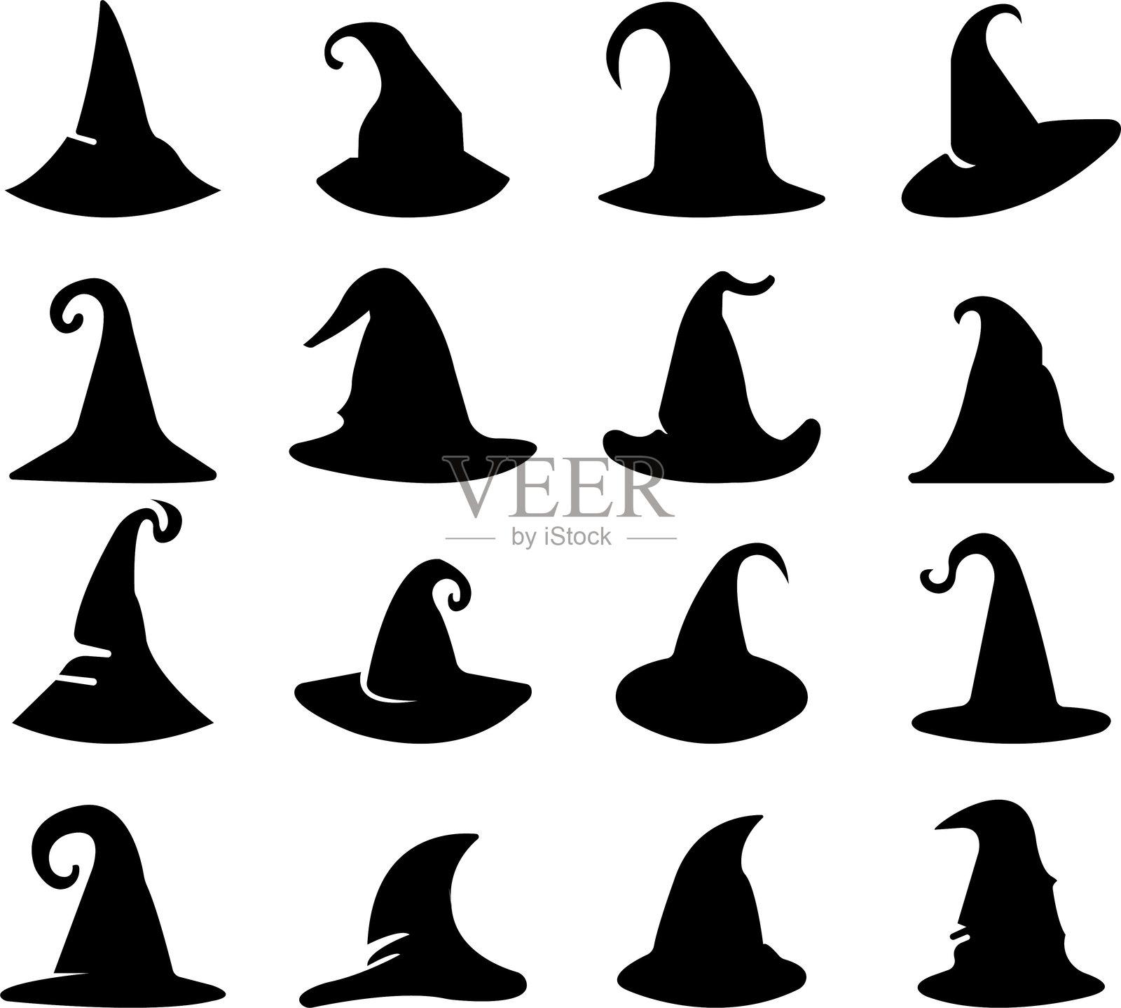 魔法帽套装，巫师帽，万圣节装饰女巫帽，聚焦，马戏团标志。咒语，魔法戏法标志。扁平风格。透明背景上的魔法师帽子矢量模板。插画图片素材