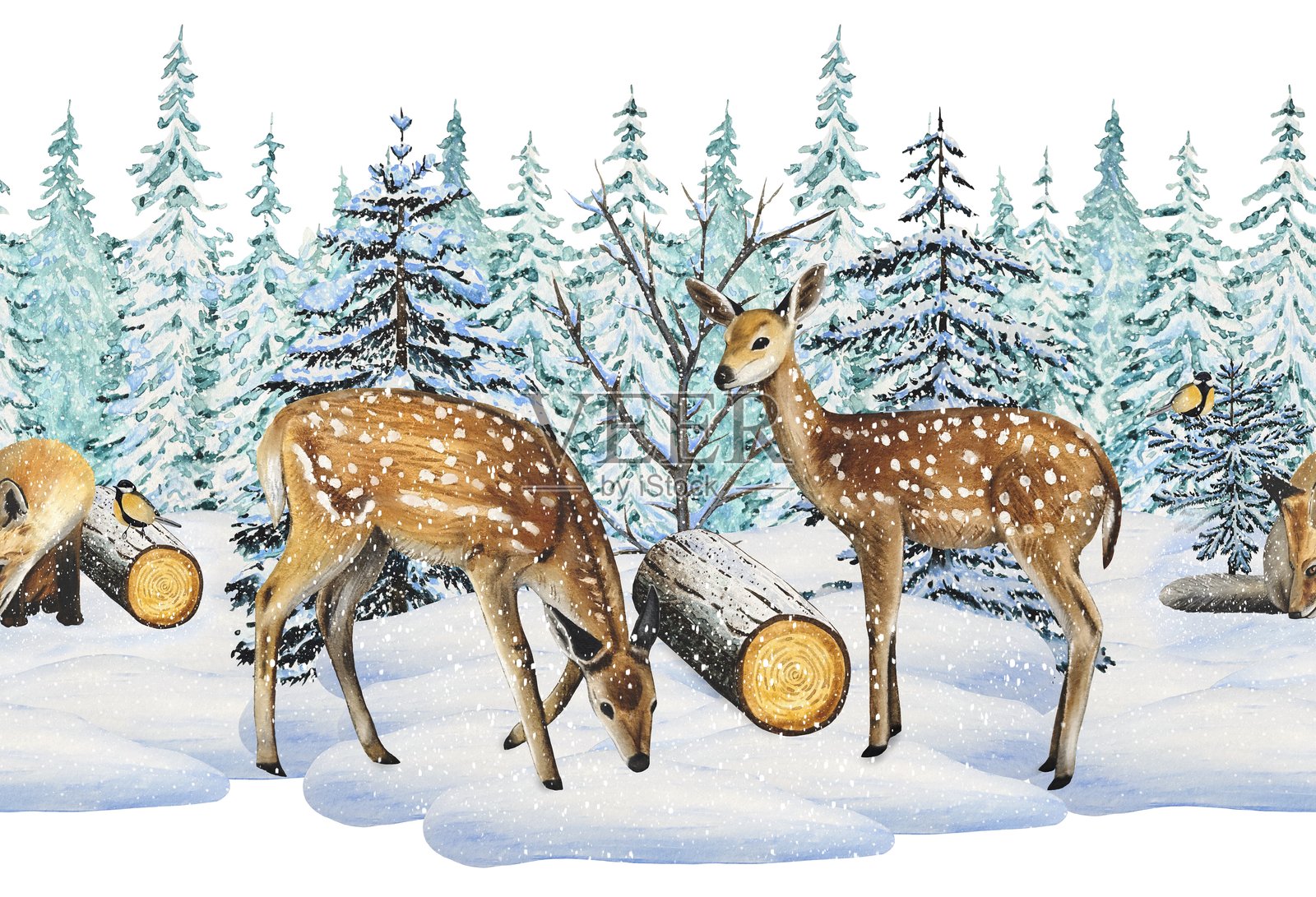 手绘冬季无缝边框，描绘了雪林中的梅花鹿插画图片素材