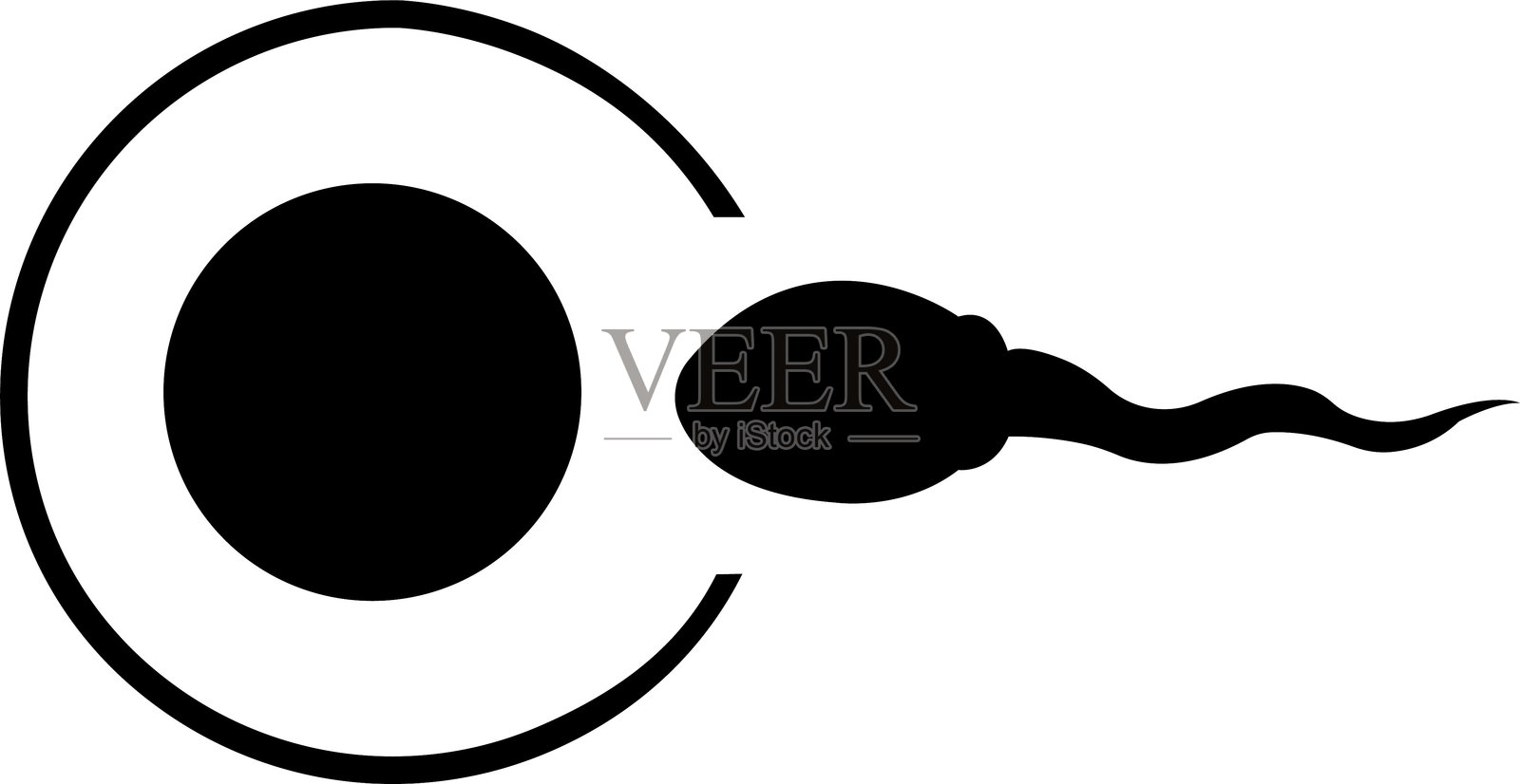 精子试图进入卵子图标矢量图，一个精子细胞进入卵子。受精过程。医生诊断数字数据记录。写实矢量图。孤立在透明背景上。插画图片素材