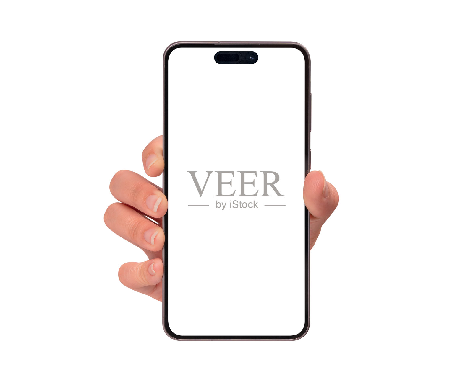 特写一只手展示智能手机，屏幕空白，背景为纯白色。高质量工作室拍摄。适用于科技、商业、金融、广告、公关及生活方式主题。照片摄影图片