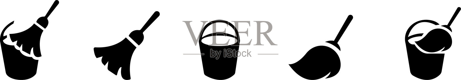 清洁服务图标集。包含清洁概念、清洁设备和工具的扁平化设计合集。拖把和水桶图标，采用填充、矢量描边风格设计，可用于网页、移动端和用户界面。插画图片素材