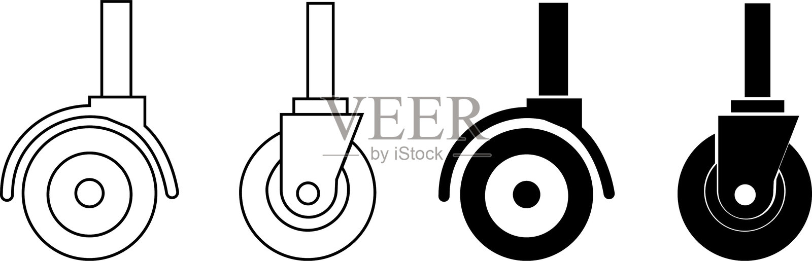 剪影脚轮图标集，孤立在透明背景上，椅子、手推车或小车的橡胶脚轮矢量图标。填充设计，可用于网页、移动应用程序、UI。插画图片素材