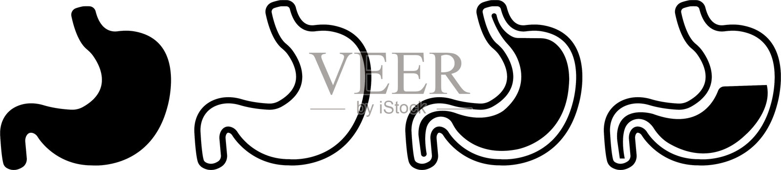 良好的消化图标集。改进的胃系统矢量符号，黑色填充矢量，人体内部器官图标符号，黑色剪影图像，内窥镜检查矢量，透明背景上隔离。插画图片素材