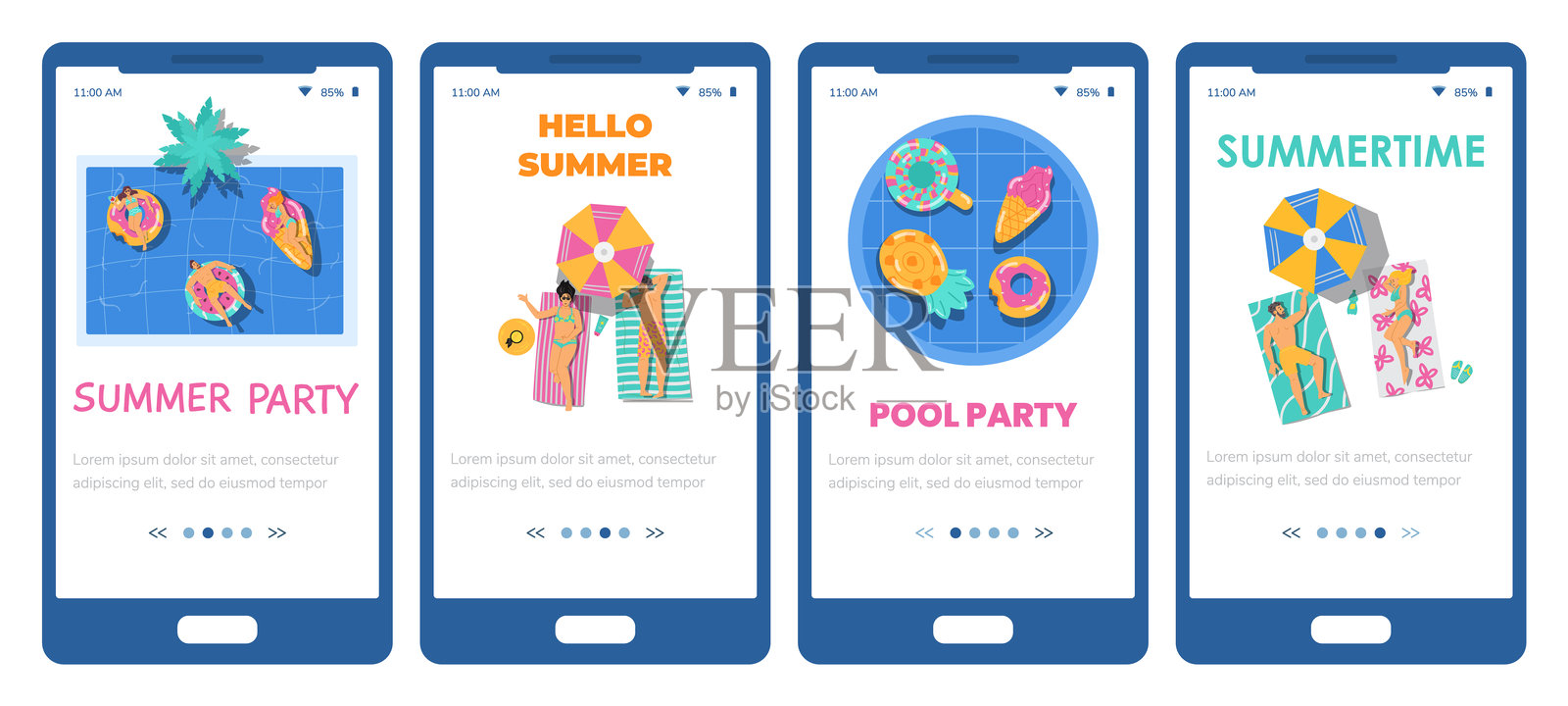 手机屏幕展示泳池派对和度假村夏日假期的概念插画图片素材