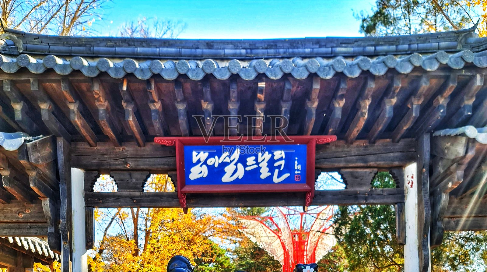 2024年11月7日，韩国首尔。南怡岛。阳光明媚的秋日，一座深色木屋顶的亚洲风格大门。照片摄影图片