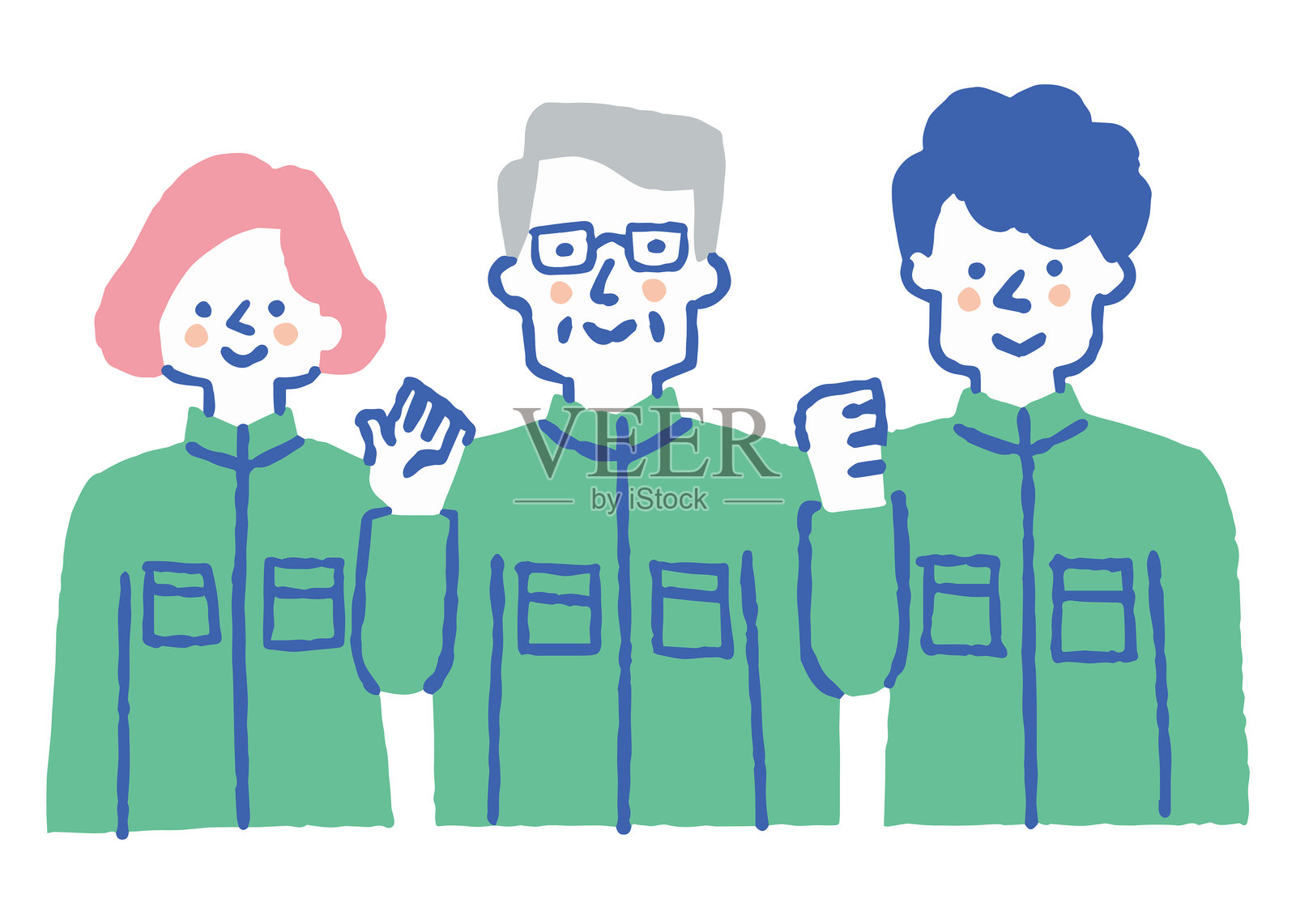 多代同堂的工人在工地上携手合作_彩色插画图片素材