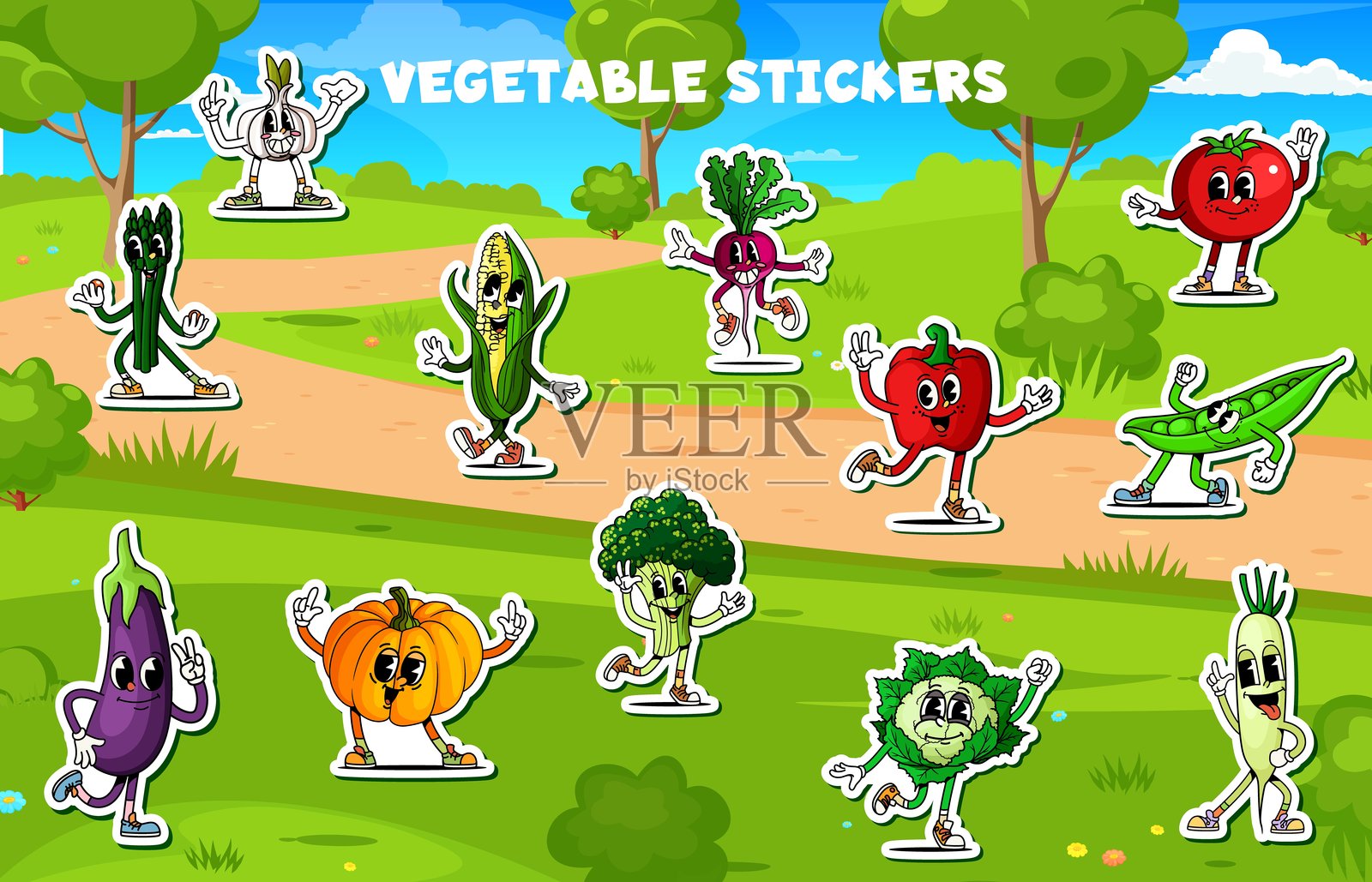 卡通复古风格蔬菜角色贴纸包插画图片素材
