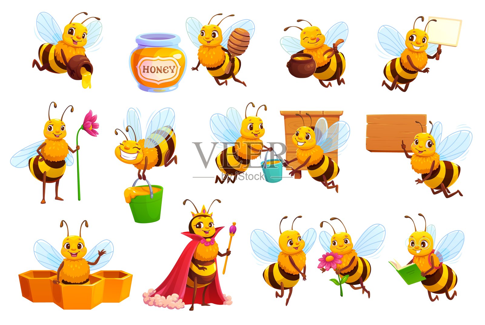 可爱的卡通蜜蜂角色，配有鲜花和蜂蜜插画图片素材