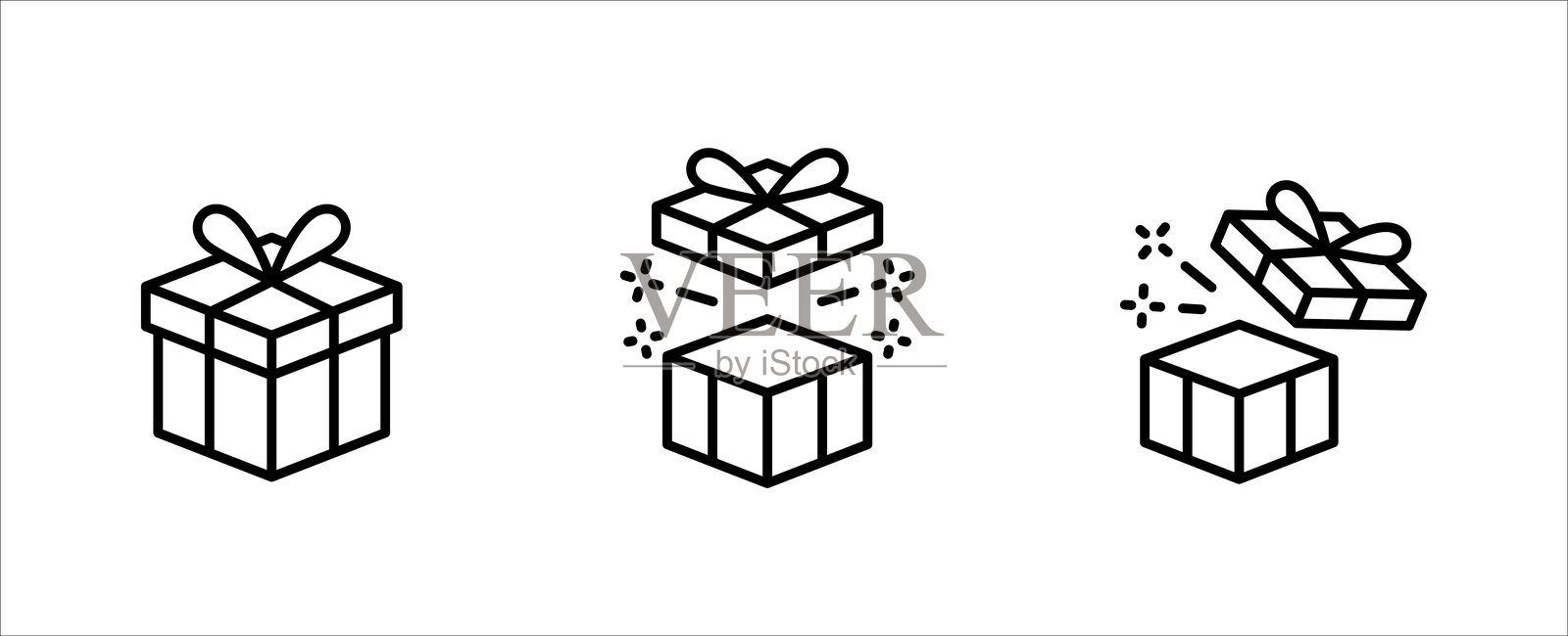 礼品盒图标集，细线设计。惊喜盒子图标。闭合和打开的礼物盒，带有闪光图标。适用于圣诞节、生日、情人节、成就、派对、成功、婚礼的矢量符号。插画图片素材