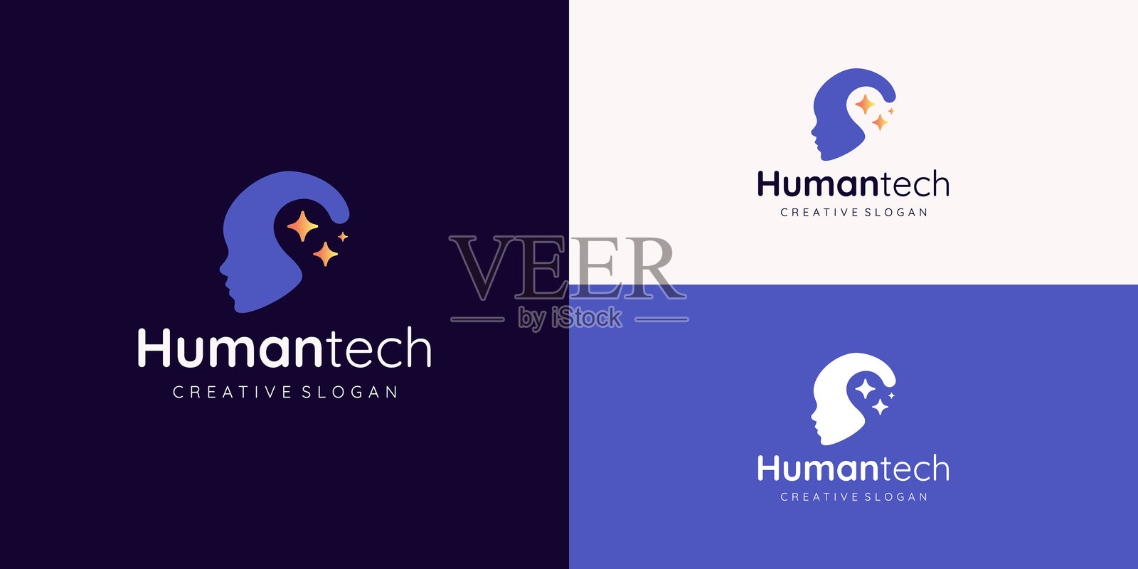 人工智能科技模板矢量图，带有星光的数字科技创新人脑标志符号插画图片素材