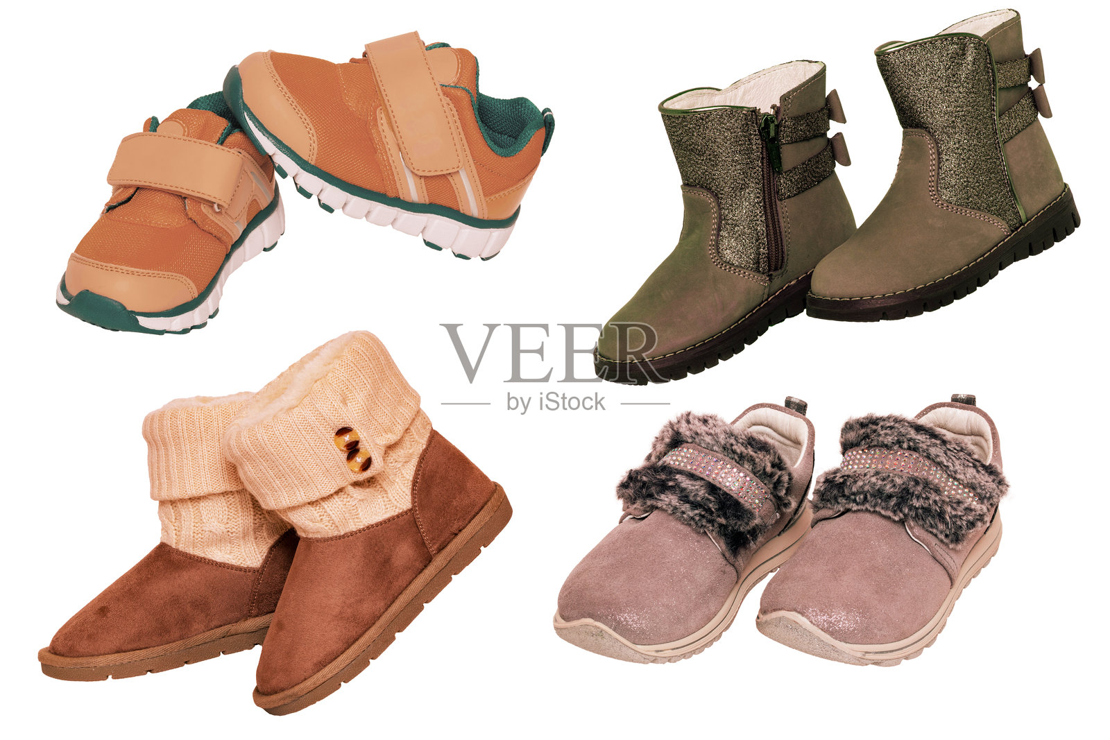 儿童冬季靴子。拼贴画，四双优雅的棕色绒面革冬季靴子，内衬毛皮。女孩冬季鞋子时尚新趋势，孤立的。照片摄影图片