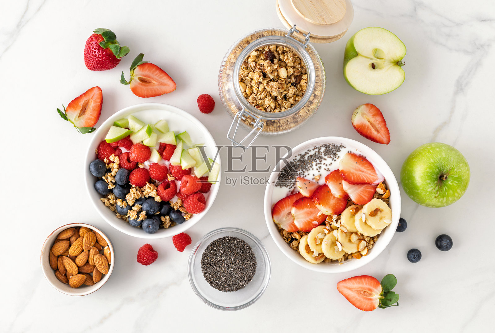 健康早餐碗，俯视，留有复制空间照片摄影图片